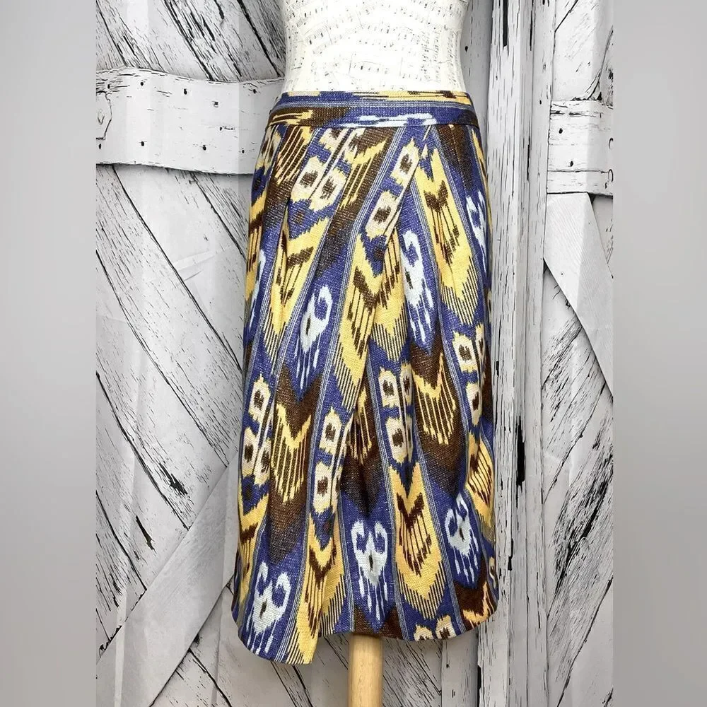 Tory Burch Blue Yellow Jemima Ikat Metallic Linen Pencil Skirt Size 12